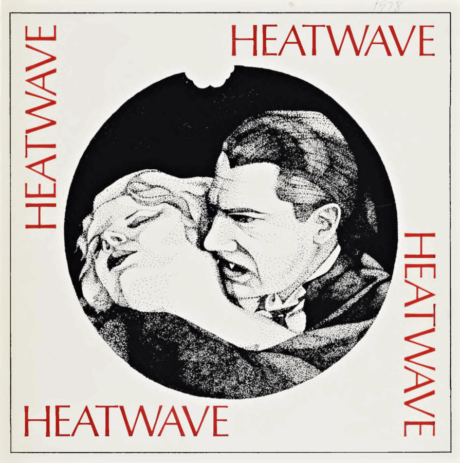 An illustrated album cover showing a man embracing a woman’s head, with the word “HEATWAVE” repeated around the border.
